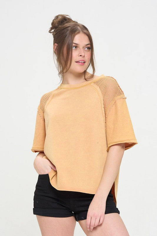 Plus Mineral Washed Short Sleeve Fishnet Shoulder Top