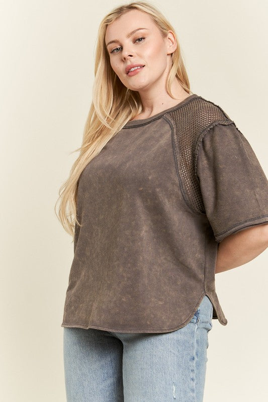 Plus Mineral Washed Short Sleeve Fishnet Shoulder Top