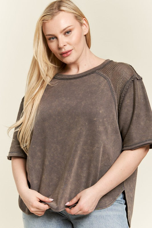 Plus Mineral Washed Short Sleeve Fishnet Shoulder Top