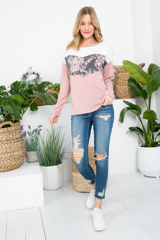 Floral Mixed Colorblock Long Sleeve Top