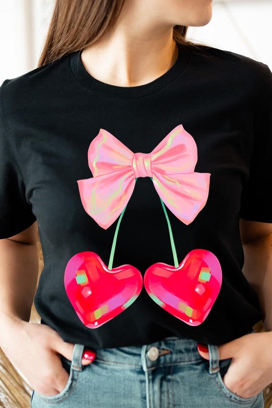 Plus Cherry Pink Bow Soft Girl Era Graphic T Shirt