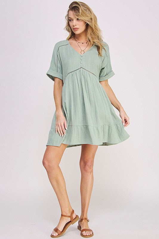 Plus Textured Woven Ladder Trim Button Babydoll Dress