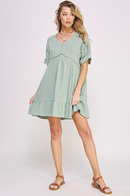 Plus Textured Woven Ladder Trim Button Babydoll Dress