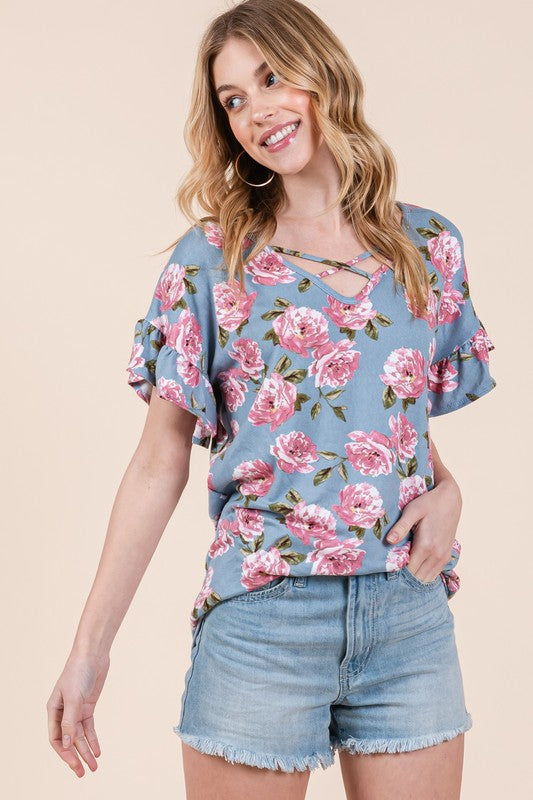 Floral Lace Up V Neck Ruffle Sleeve Top