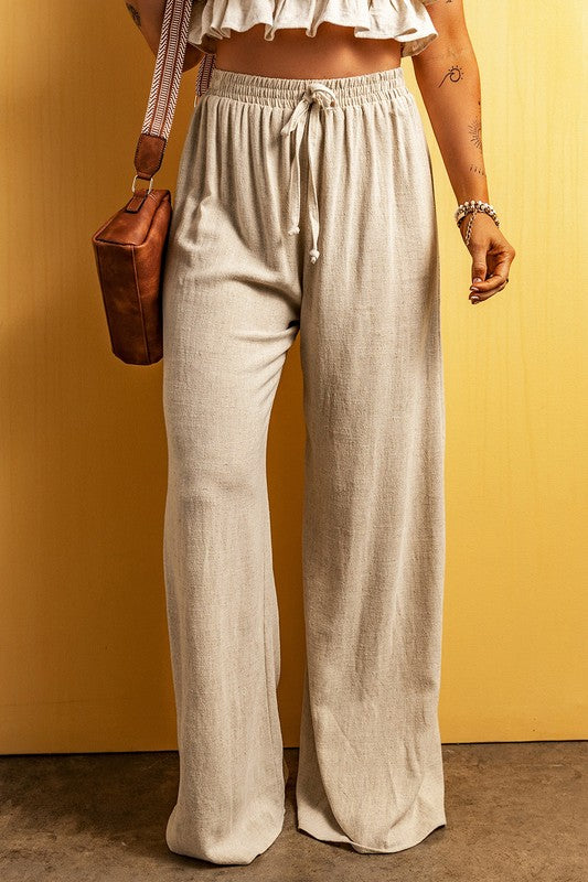 Beige Viscose Linen Floor Length Wide Leg Pants