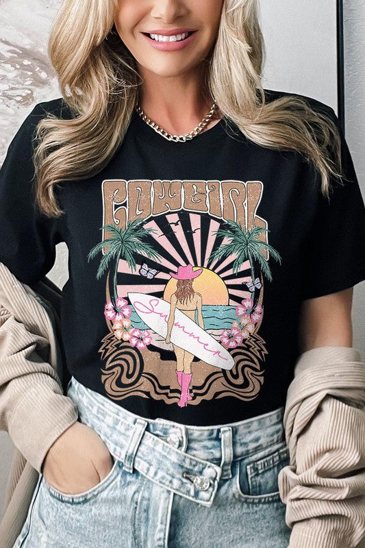 Western Cowgirl Surfer Beach Graphic T Shirt