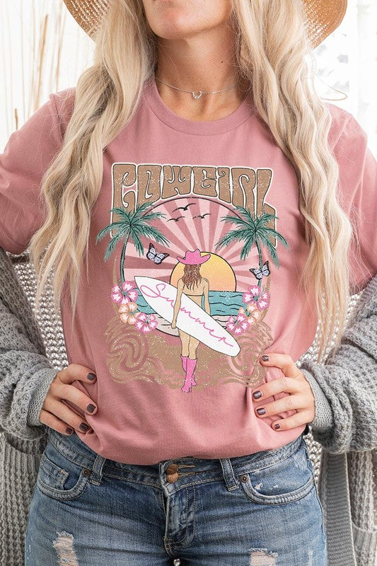 Western Cowgirl Surfer Beach Graphic T Shirt