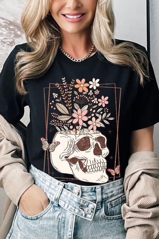 Floral Skull Graphic T Shirt