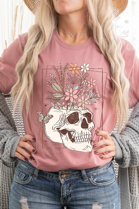 Floral Skull Graphic T Shirt