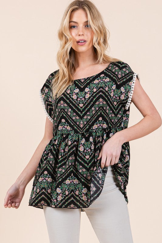 Floral Chevron Pom Pom Lace Woven Babydoll Tunic