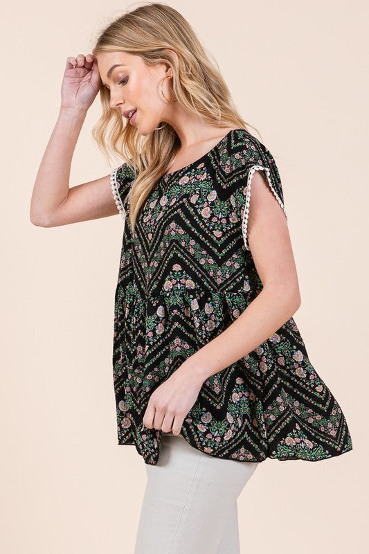 Floral Chevron Pom Pom Lace Woven Babydoll Tunic