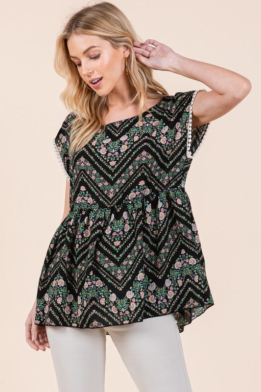 Floral Chevron Pom Pom Lace Woven Babydoll Tunic