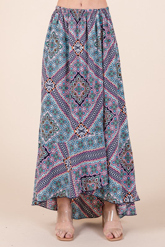 Tribal Print Ruffle Hem Wrap Maxi Skirt