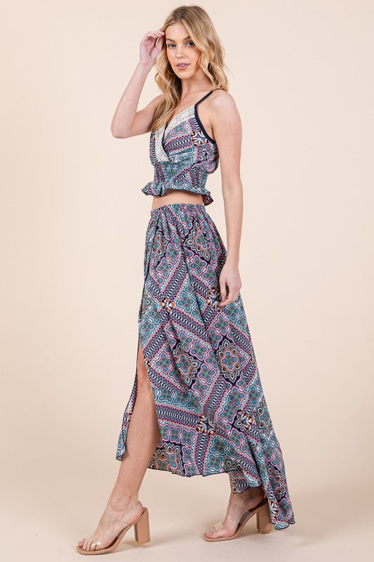 Tribal Print Lace Trim Smocked Cami Top