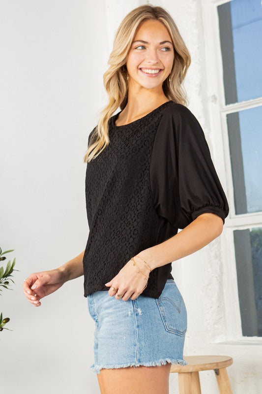 Lace Overlay Puff Sleeve Top