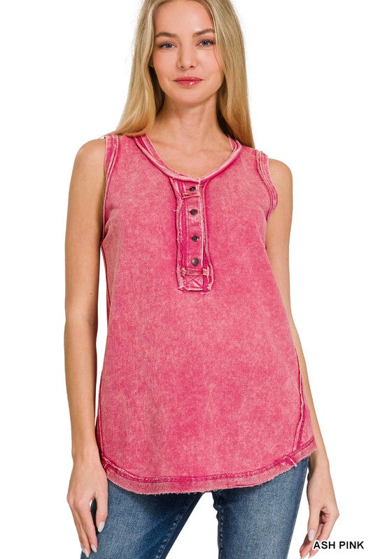 Washed Half-Button Raw Edge Sleeveless Henley Top