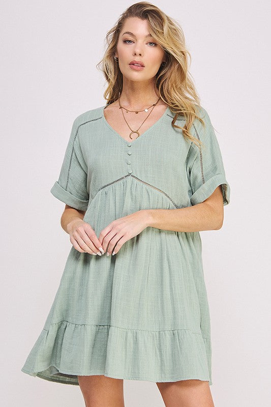 Textured Woven Ladder Trim Button Babydoll Dress