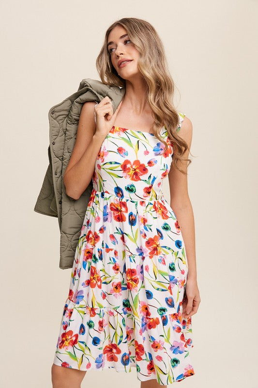 Flower Print Square Neck Tiered Dress