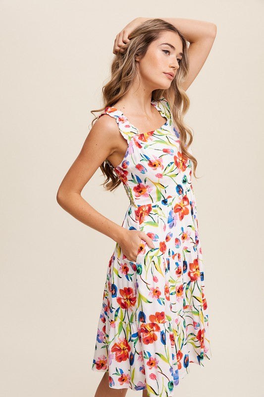 Flower Print Square Neck Tiered Dress