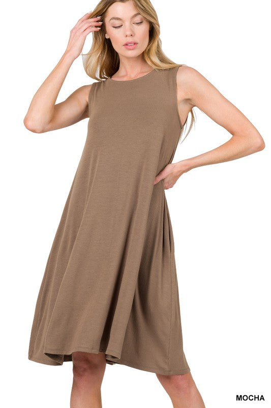 Sleeveless Flared Dress with Side Pockets