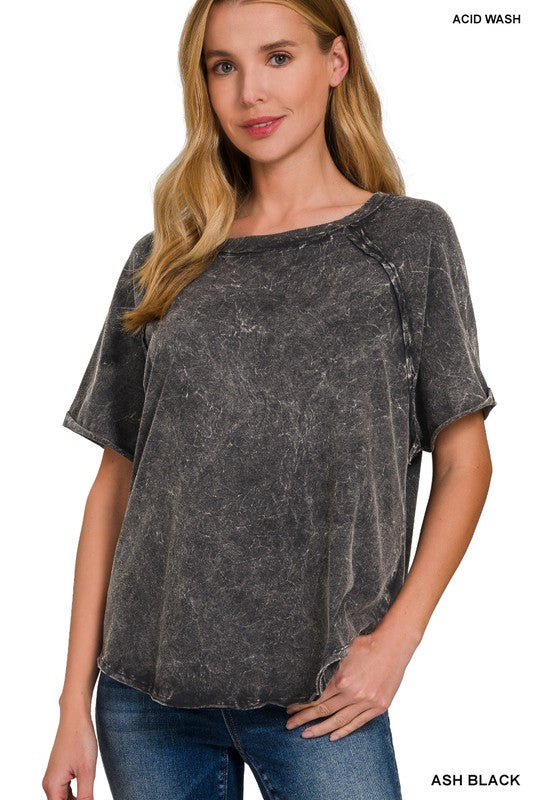 Back Patch Crinkle Washed Raglan Sleeve T-Shirt