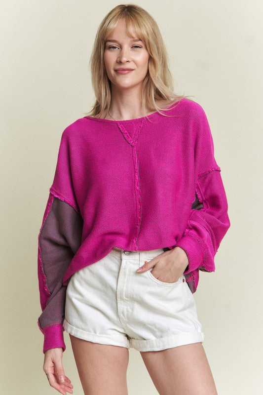 Plus Two Tone Color Block Reversible Dolman Knit Sweater