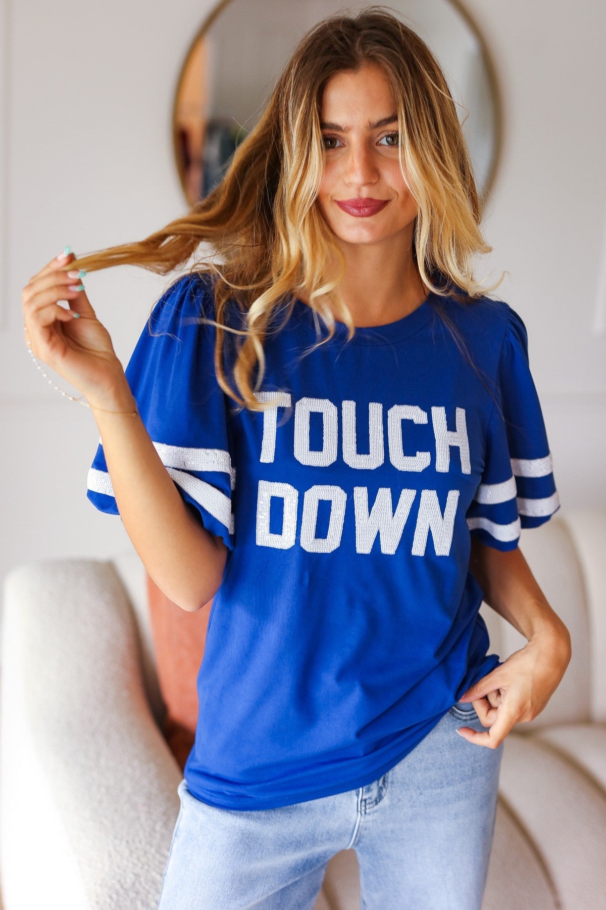 Blue "TOUCHDOWN" Sequin Bubble Sleeve Game Day Top