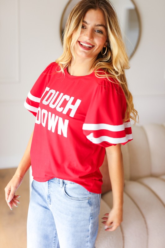 Red "TOUCHDOWN" Sequin Bubble Sleeve Game Day Top