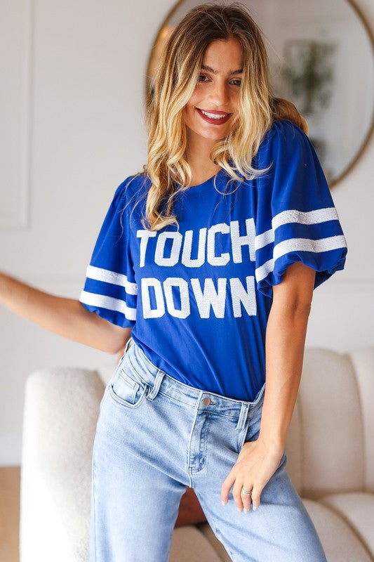 Blue "TOUCHDOWN" Sequin Bubble Sleeve Game Day Top