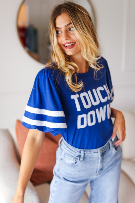 Blue "TOUCHDOWN" Sequin Bubble Sleeve Game Day Top