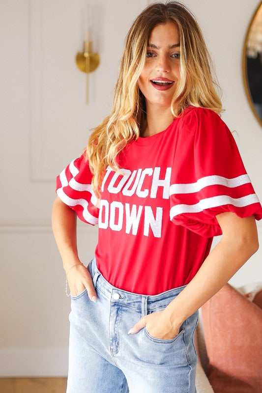 Red "TOUCHDOWN" Sequin Bubble Sleeve Game Day Top