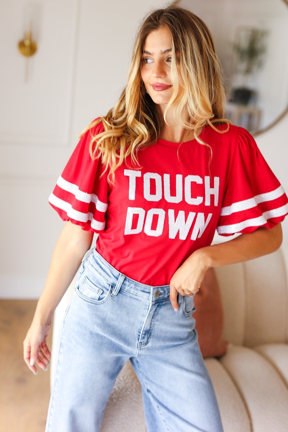 Red "TOUCHDOWN" Sequin Bubble Sleeve Game Day Top