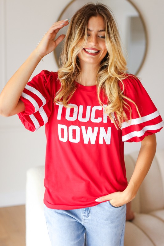 Red "TOUCHDOWN" Sequin Bubble Sleeve Game Day Top