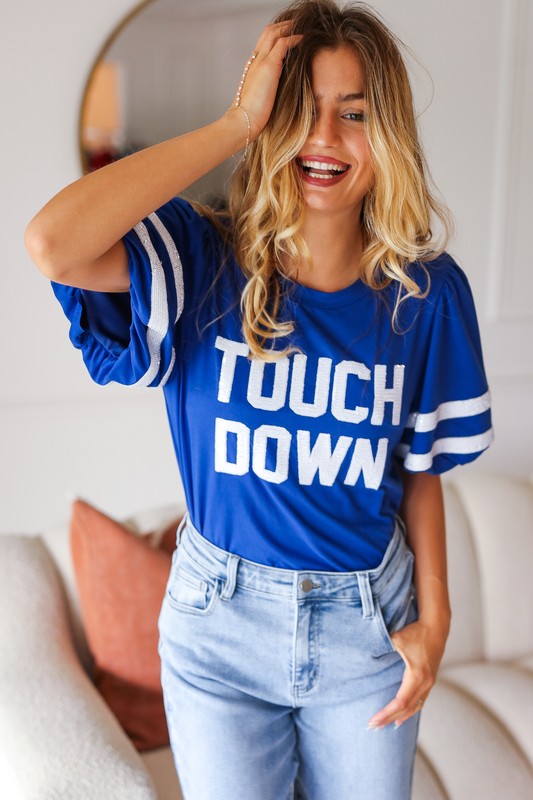 Blue "TOUCHDOWN" Sequin Bubble Sleeve Game Day Top