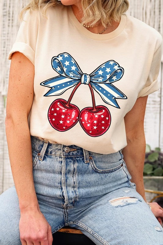 Cherry Coquette USA Bow Graphic T Shirt