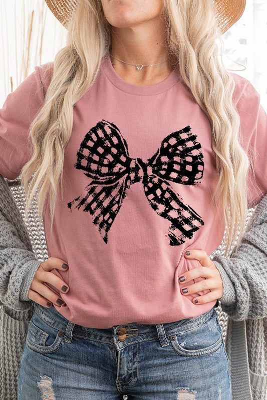 Vintage Checkered Bow Graphic T Shirt