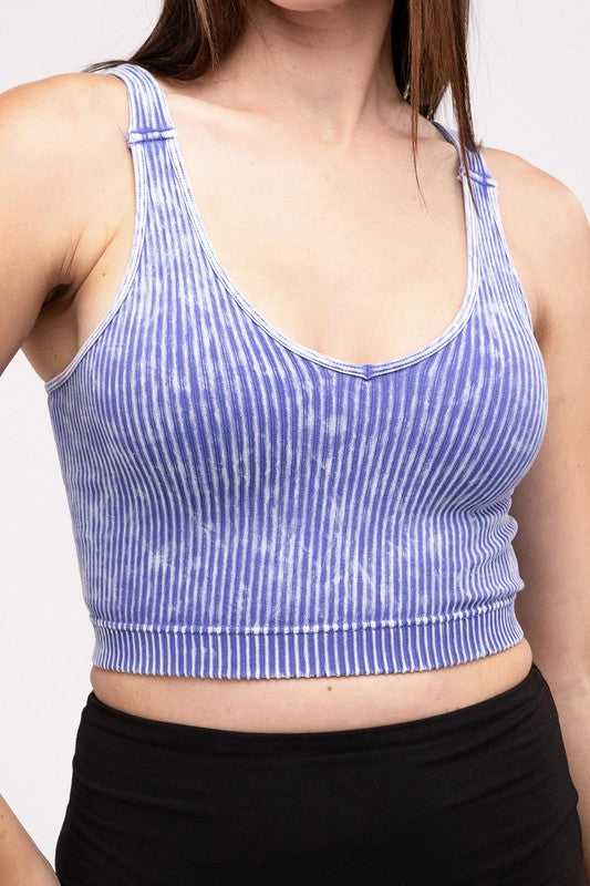 Washed Ribbed Cropped V-Neck Tank Top