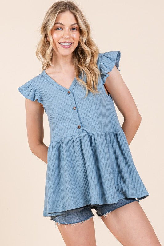 Textured Button Detailed Peplum Top