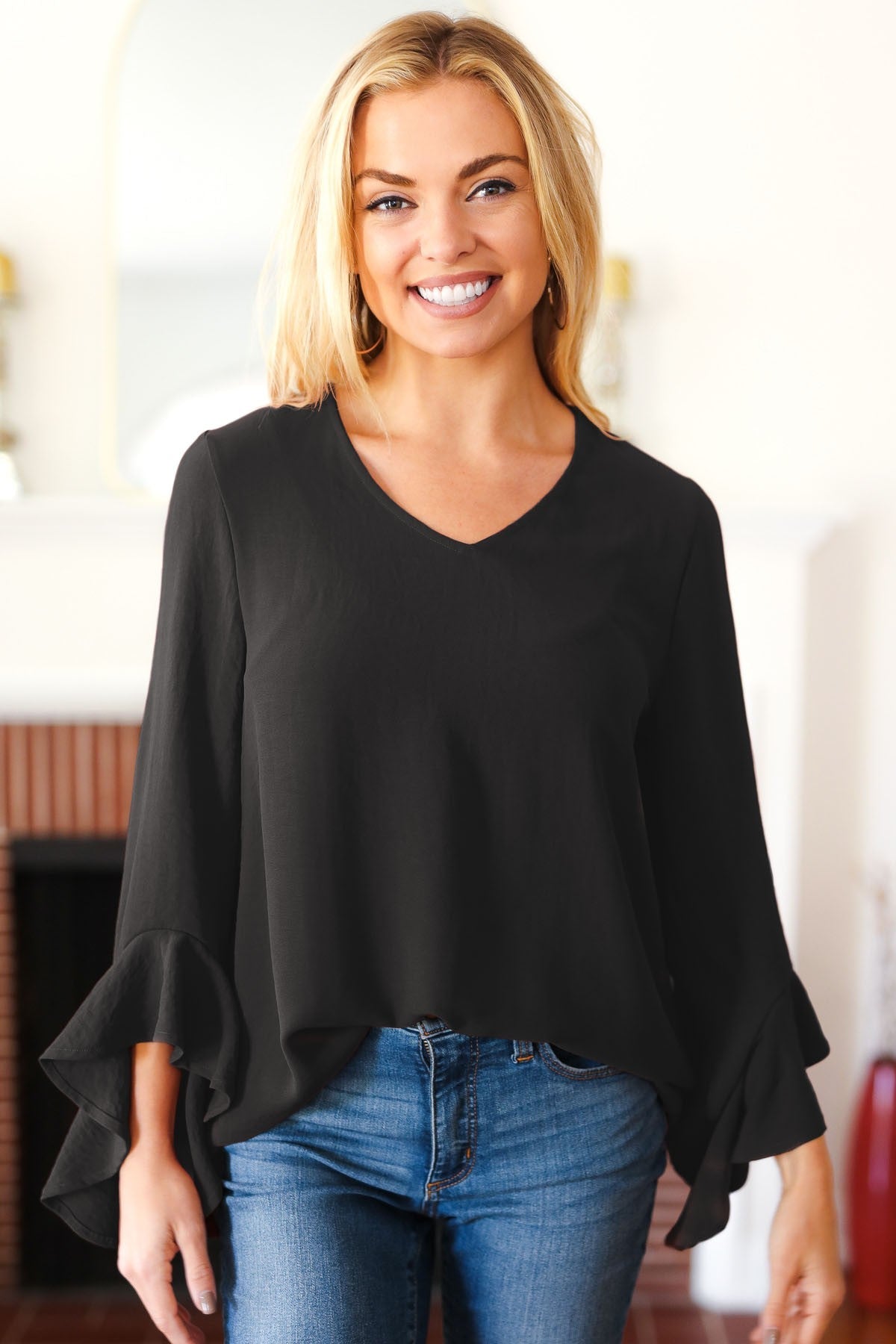 Black Hi-Lo Ruffle Sleeve Woven Top