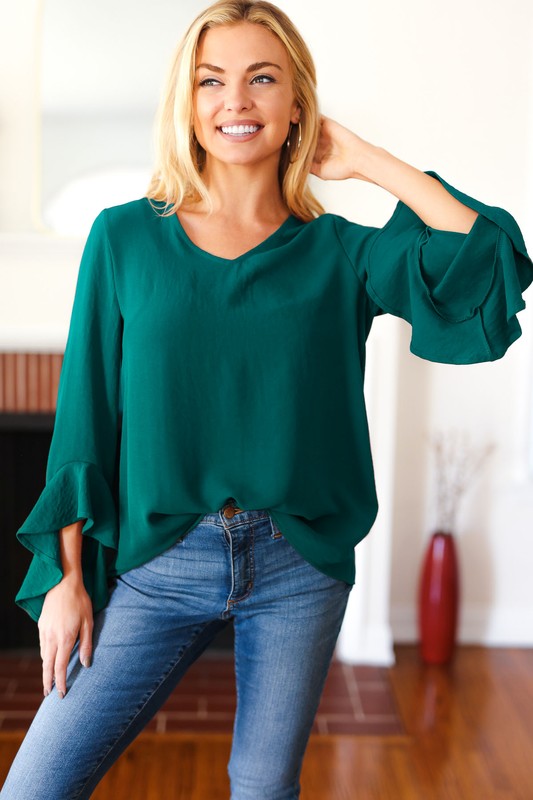 Hunter Green Hi-Lo Ruffle Sleeve Woven Top