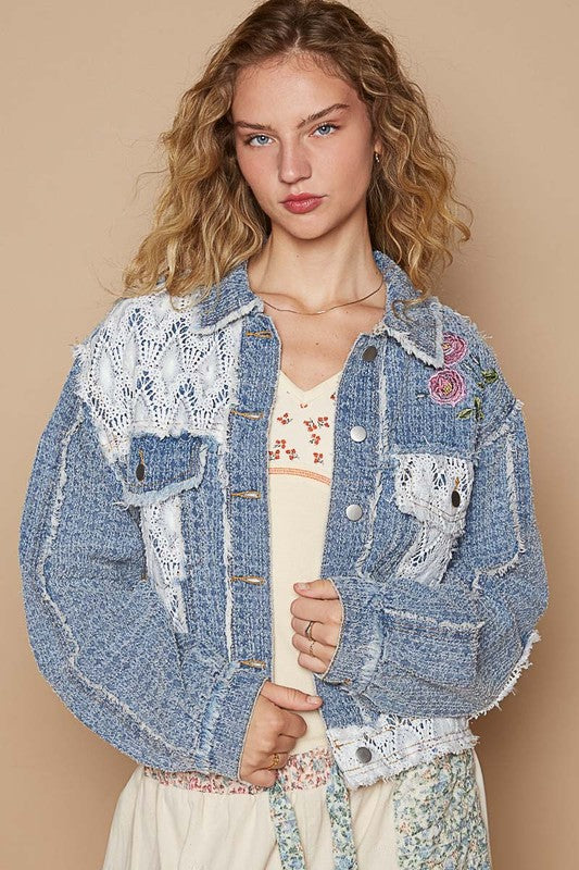 Dusty Blue Floral Embroidered Crochet Trim Jacket