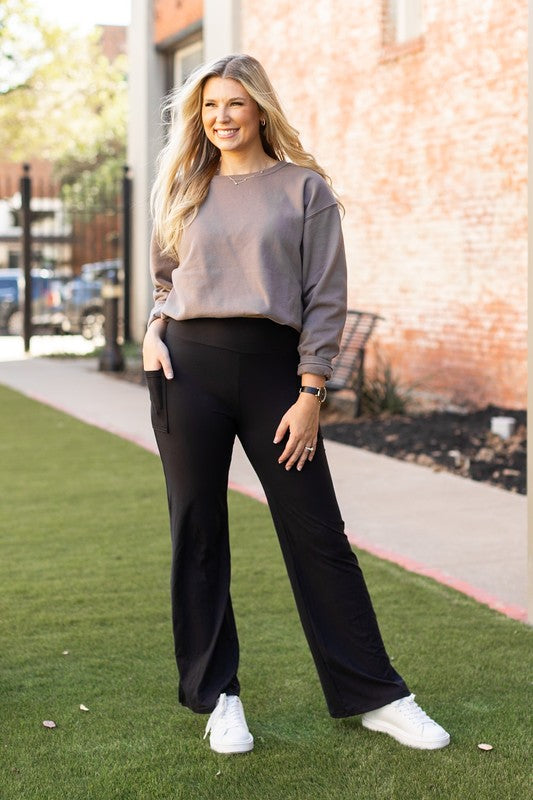 Black Relaxed Fit Straight Leg Leggings with Pockets