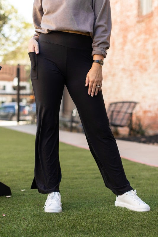 Black Relaxed Fit Straight Leg Leggings with Pockets