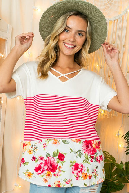 Stripe Floral Lace Up V-Neck Top