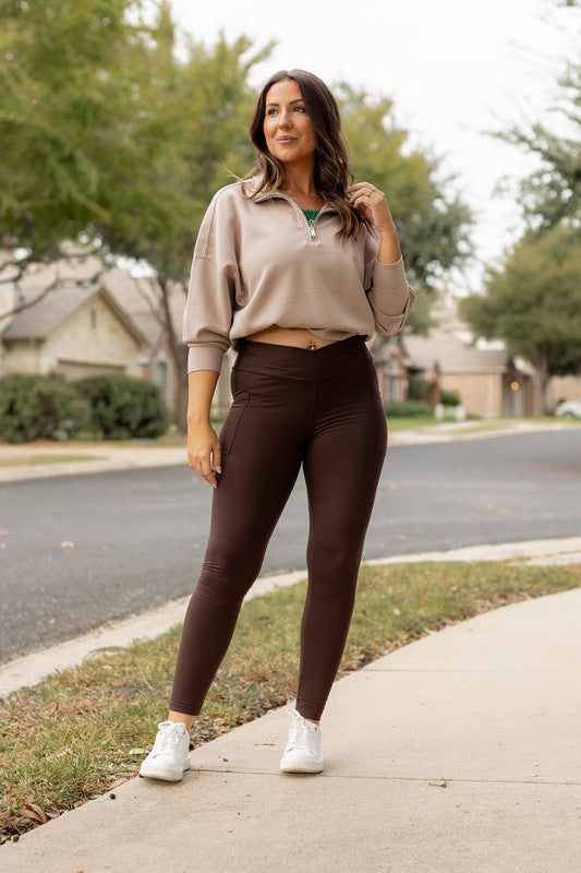 Brown Crossover Leggings with Pockets