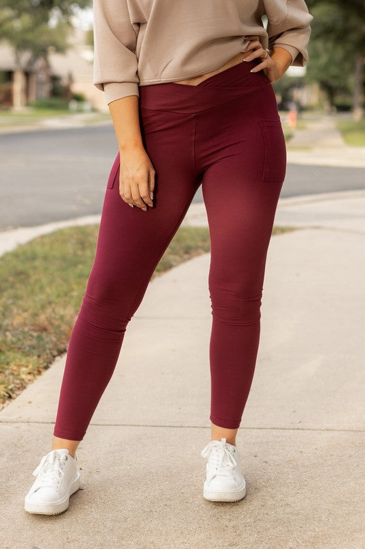 Maroon Crossover Leggings with Pockets