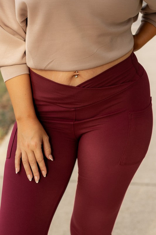 Maroon Crossover Leggings with Pockets