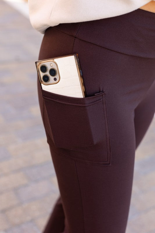 Brown Bootcut Leggings with Pockets