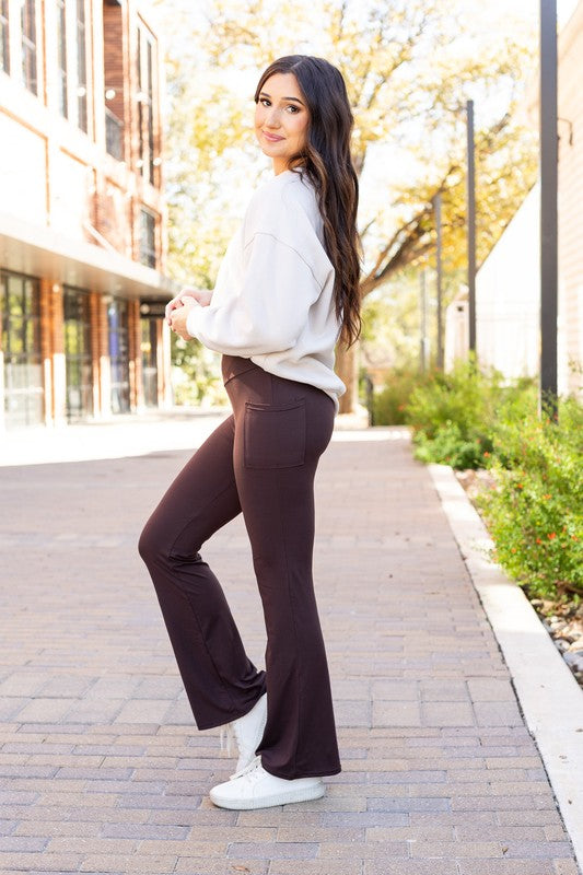 Brown Bootcut Leggings with Pockets