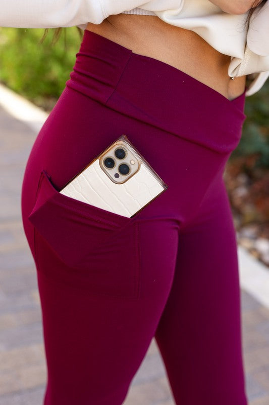 Maroon Crossover Leggings with Pockets